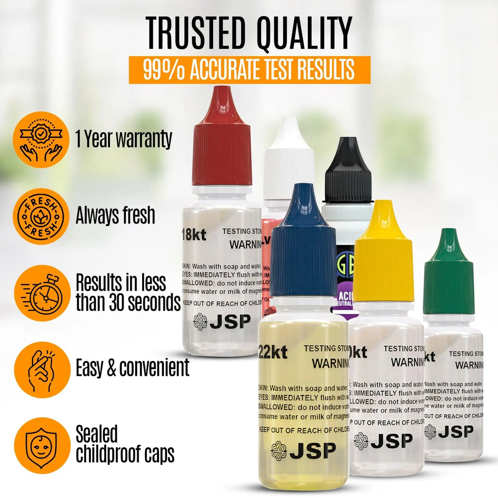 Gold, Silver, & Platinum Testing Kit 10K-24K JSP Acids, Diamond Tester, Digital Scale, Magnifier Loupe, Files & Test Bars