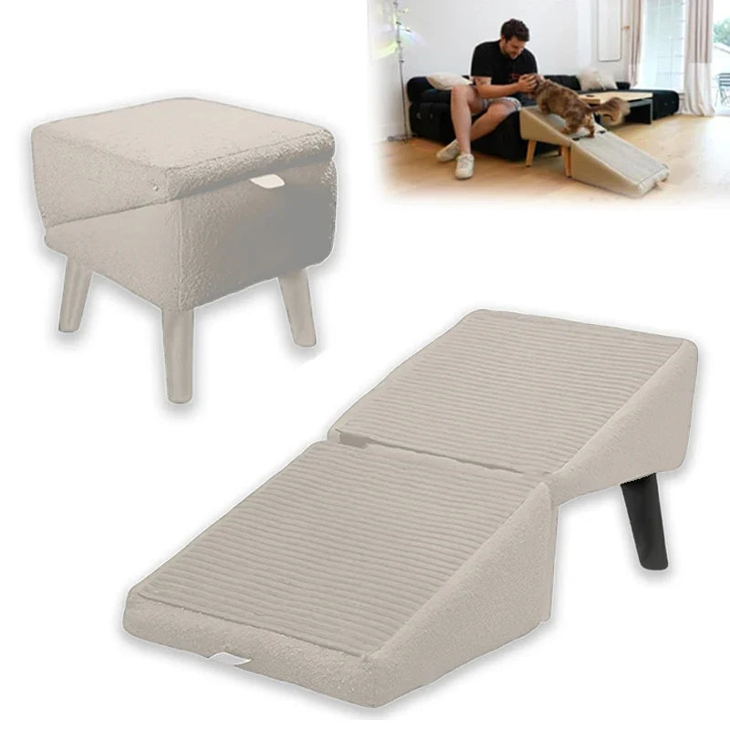 2-in-1 Convertible Wooden Home Step Stool Dog Ramp Stairs, Dog Ramp Ottoman, Folding Non Slip Split Ottoman Doggie Ramp