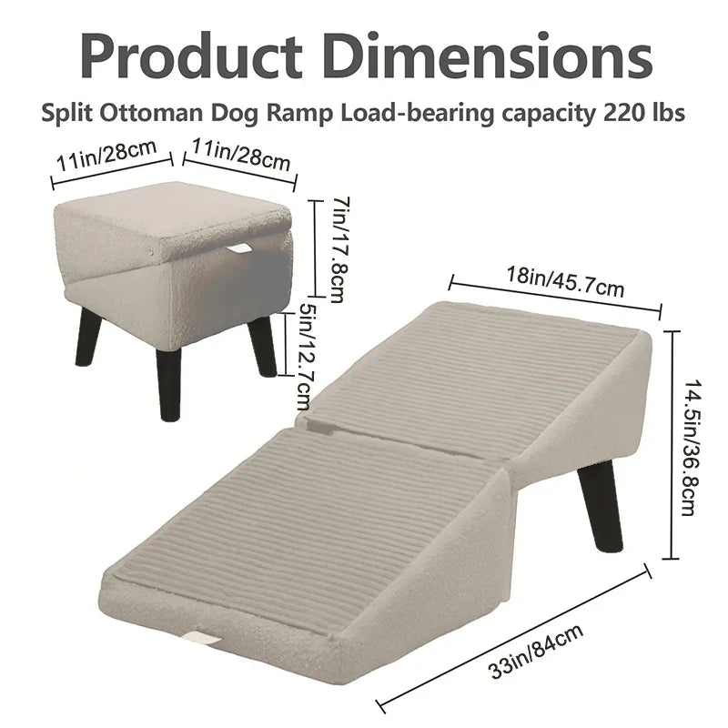 2-in-1 Convertible Wooden Home Step Stool Dog Ramp Stairs, Dog Ramp Ottoman, Folding Non Slip Split Ottoman Doggie Ramp