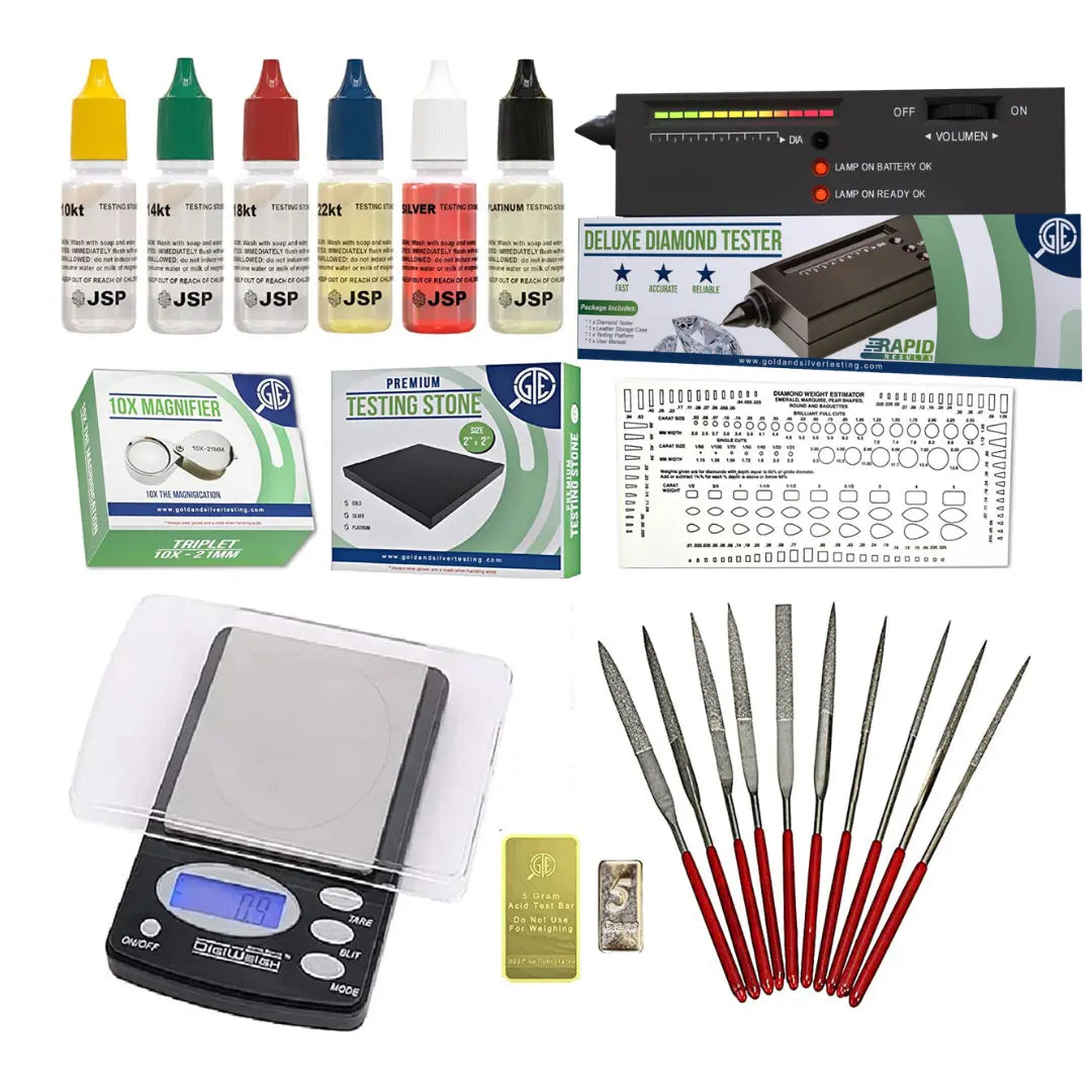 Gold, Silver, & Platinum Testing Kit 10K-24K JSP Acids, Diamond Tester, Digital Scale, Magnifier Loupe, Files & Test Bars
